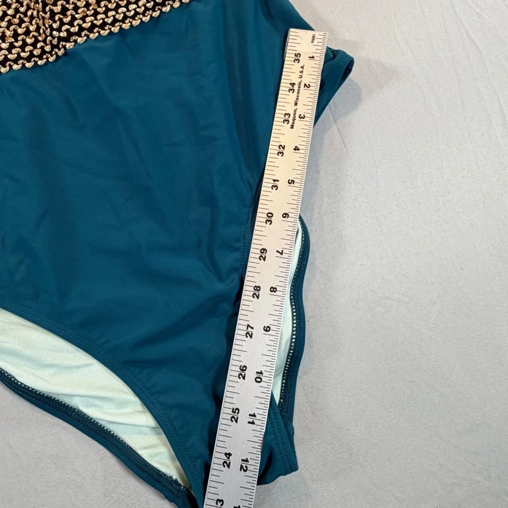 Cupshe Teal‎ Blue One Piece Swimsuit Mesh Plunge Gold Belt Tummy Contouring NEW